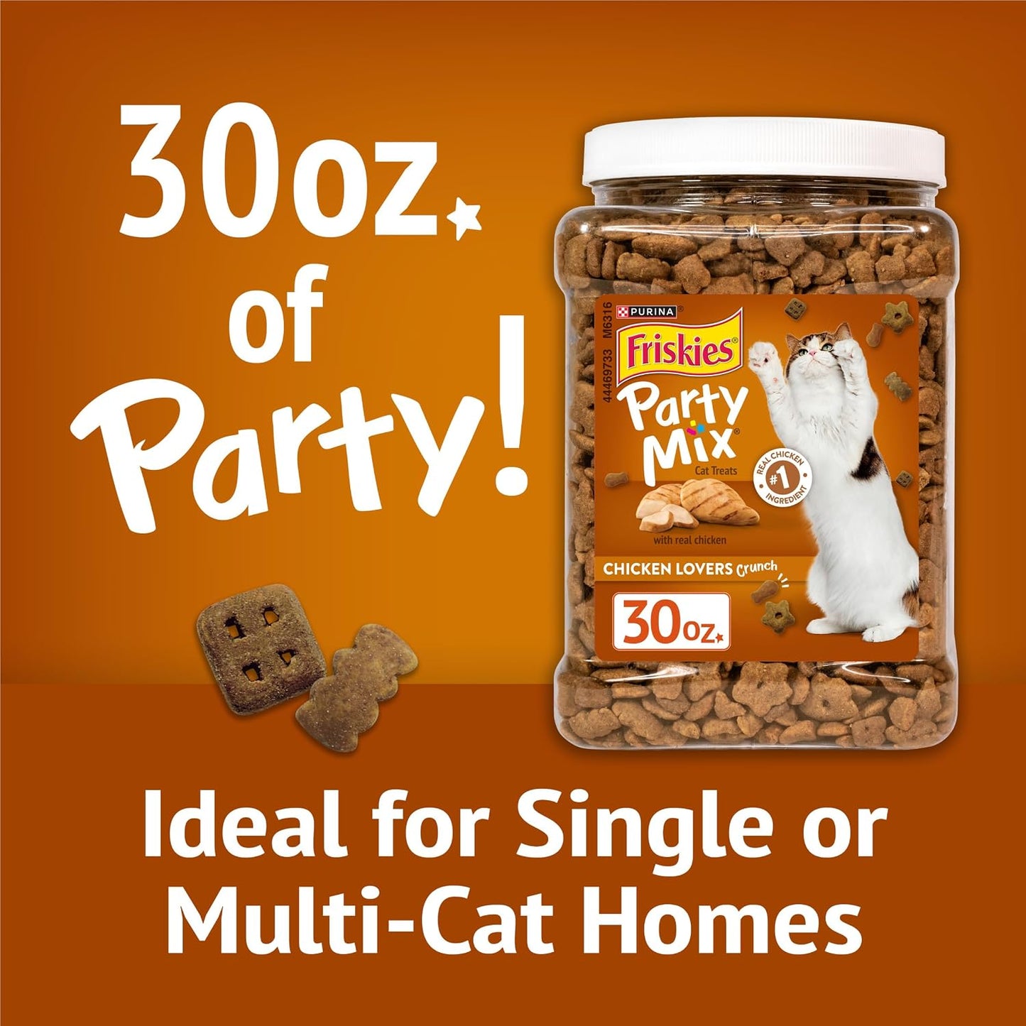 Purina real chicken flavor cat treats clear jar side view.