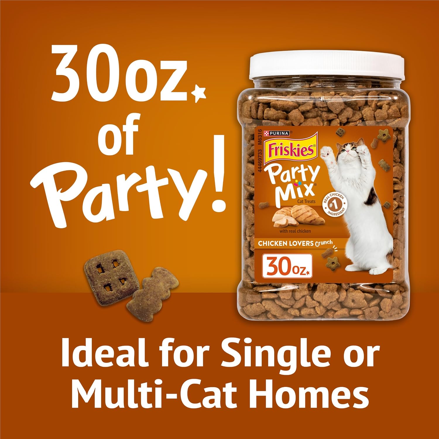 Purina real chicken flavor cat treats clear jar side view.