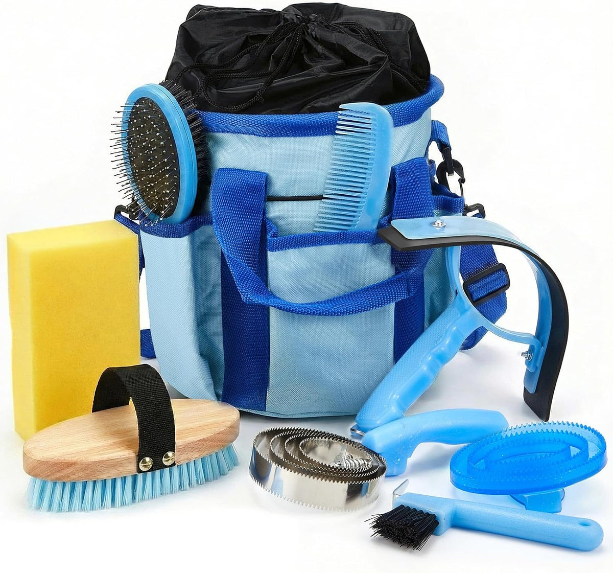 Cunhill 9 Pcs Horse Grooming Kit Tack Room Supplies Set with Tote Bag, Oval Massage Curry, Hard and Soft Brush, Hoof Pick, Sweat Scraper, Bathing Sponge, Comb for Horse Rider(Cute,Blue) - Image 10