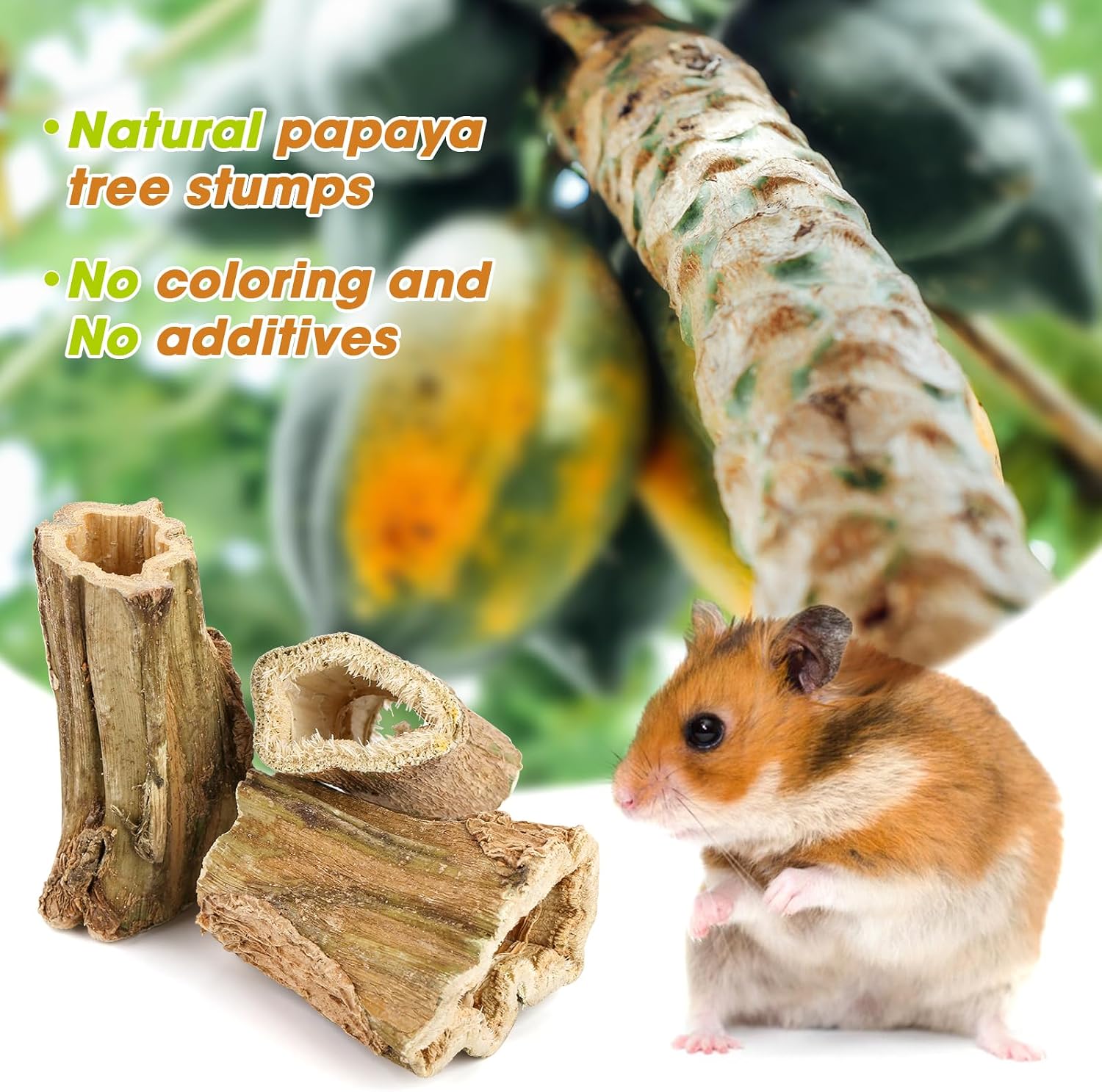 Six pieces of organic papaya wood sticks for rabbit dental health