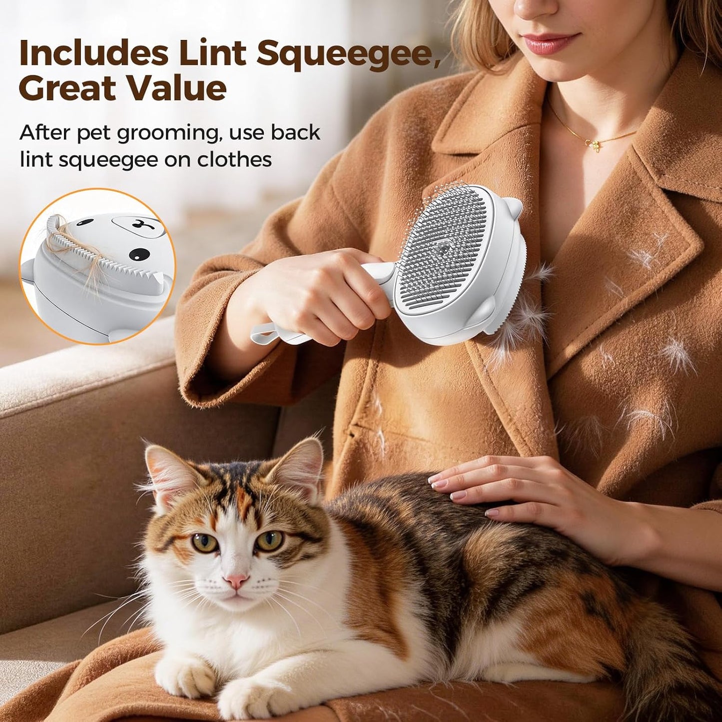 Reverse side of the Primecat grooming device displaying the integrated fabric silicone scraper for furniture.