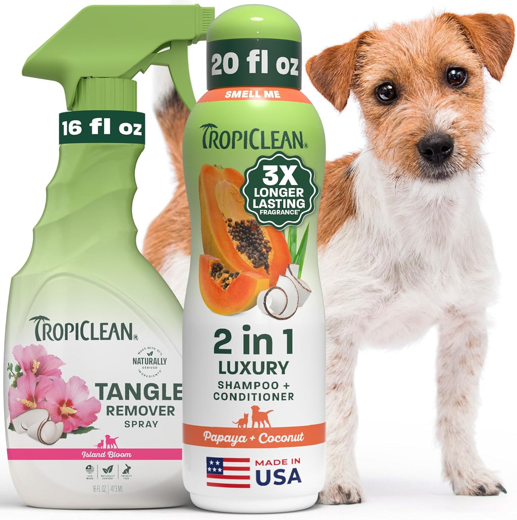 TropiClean Luxury 2-In-1 Papaya and Coconut Dog Shampoo and Detangler Spray Bundle front view packaging