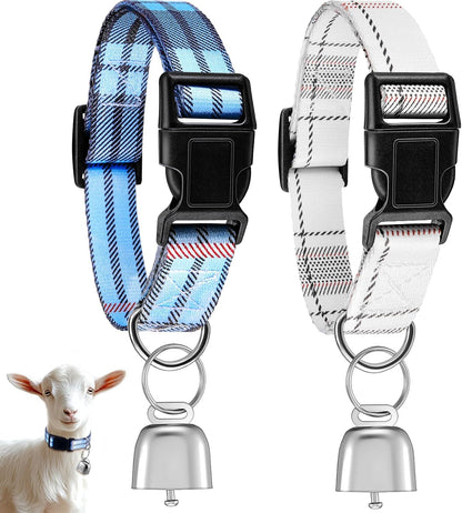 Yeyeplum 2 pack goat collars with copper bells front view showcasing bohemia blue and white checkered pattern on premium nylon webbed straps.