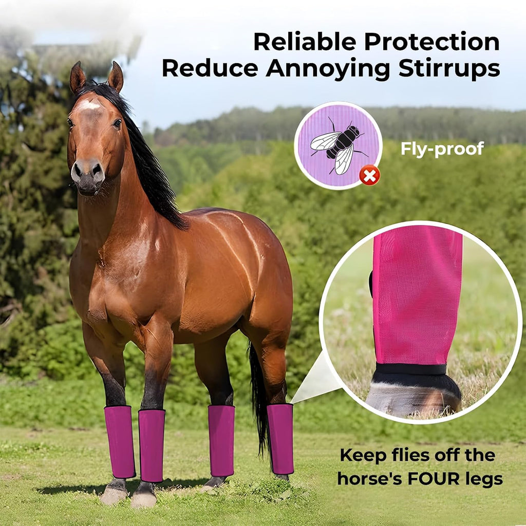 Durable UV protective pink fly leggings for horses side view