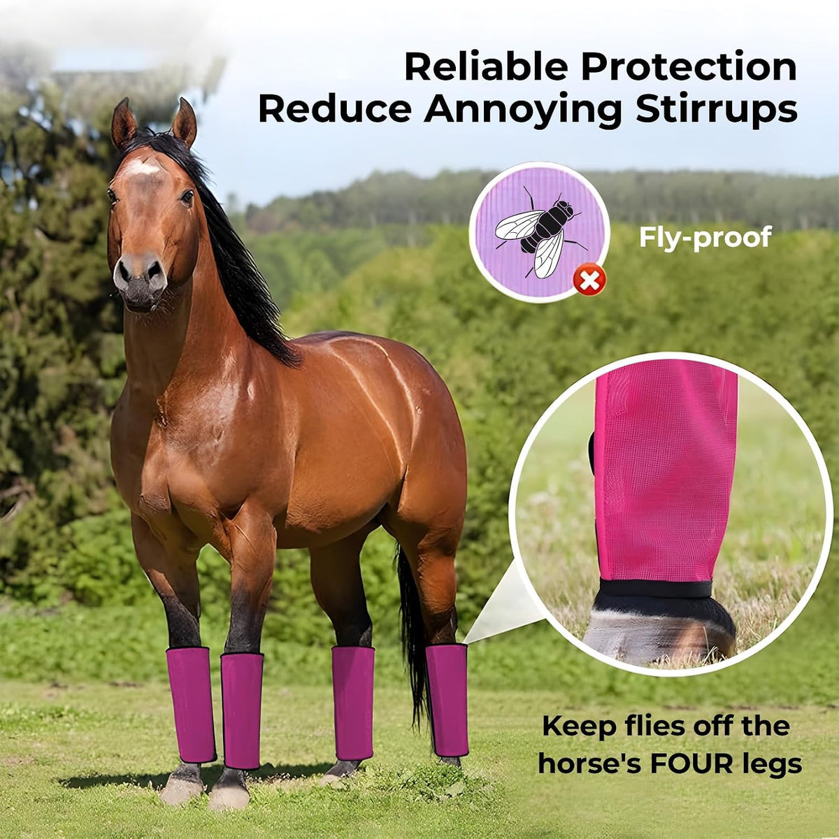 Durable UV protective pink fly leggings for horses side view