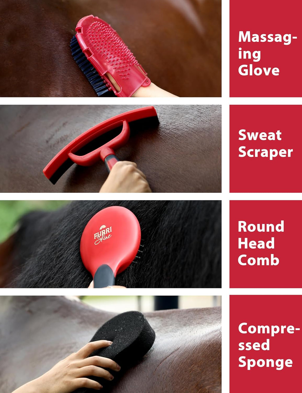 Furrishine horse grooming kit curry comb and hoof pick close up details.