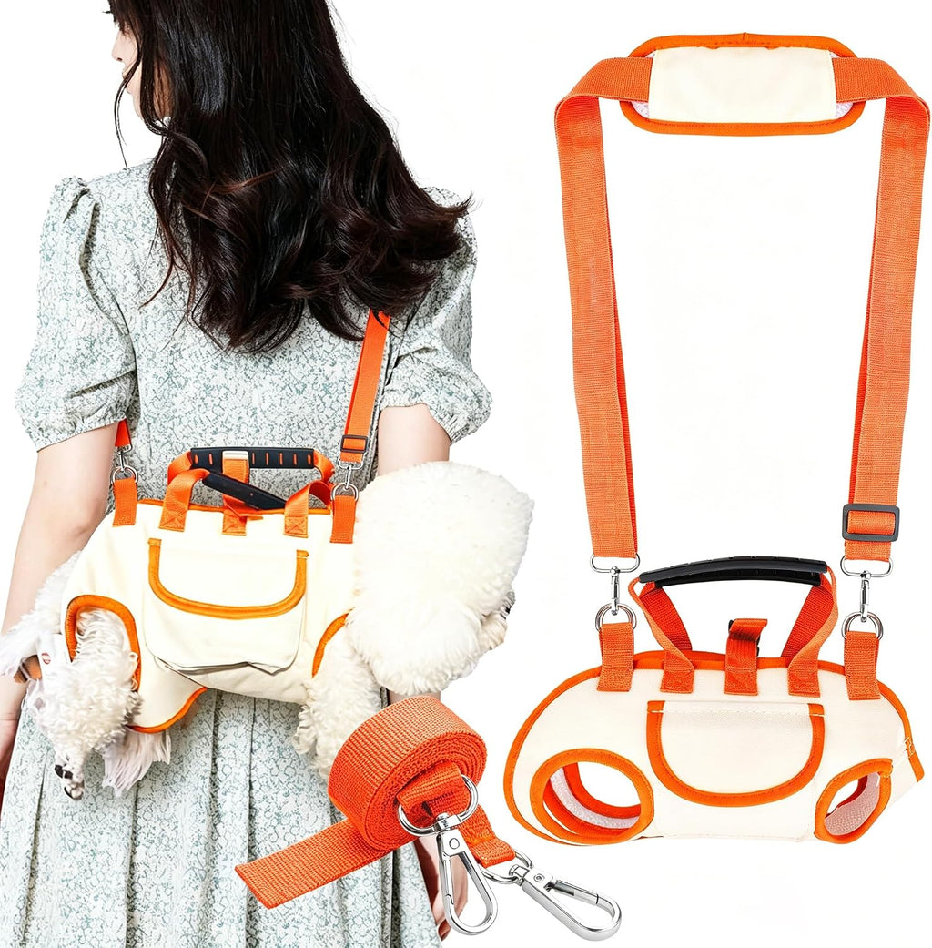 Pet owner cycling with a small dog safely enclosed in the brown backpack carrier.