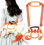 Pet owner cycling with a small dog safely enclosed in the brown backpack carrier.