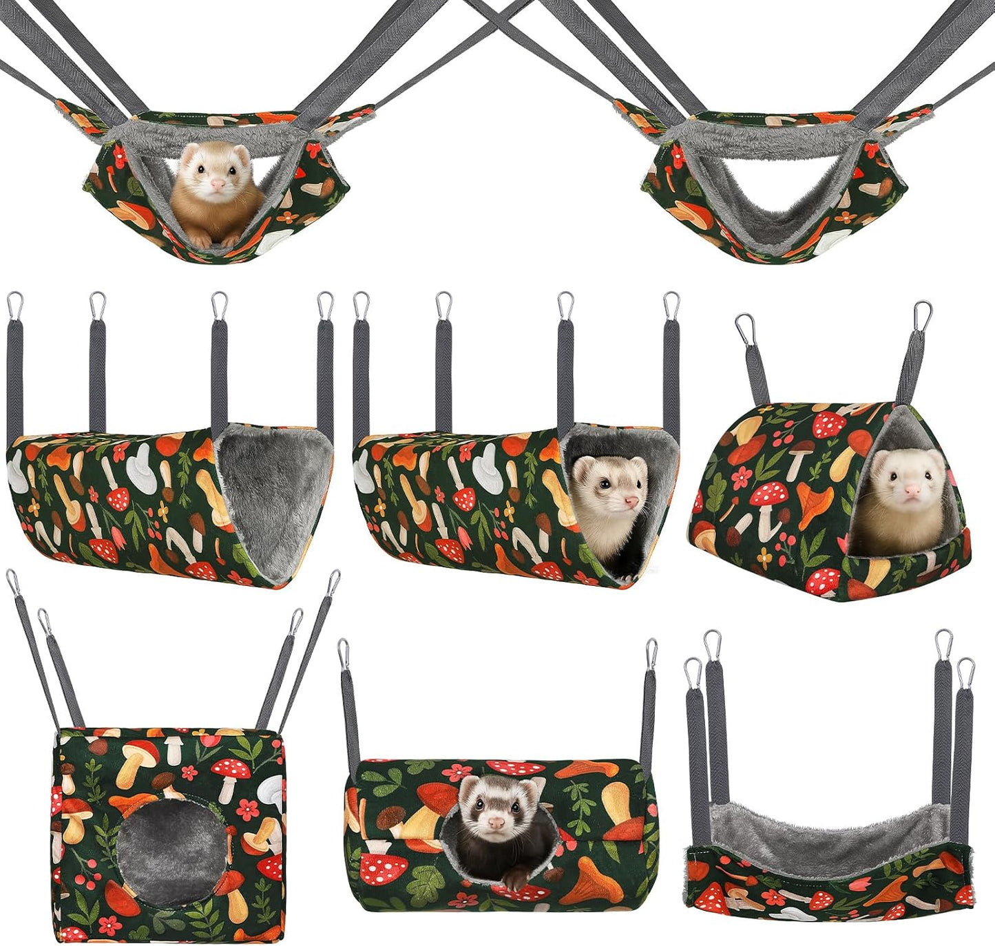 Hedgeink Ferret Hammock Eight Pack front view showing the green mushroom print small animal cage accessories.