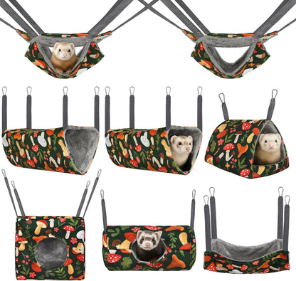 Hedgeink Ferret Hammock Eight Pack front view showing the green mushroom print small animal cage accessories.