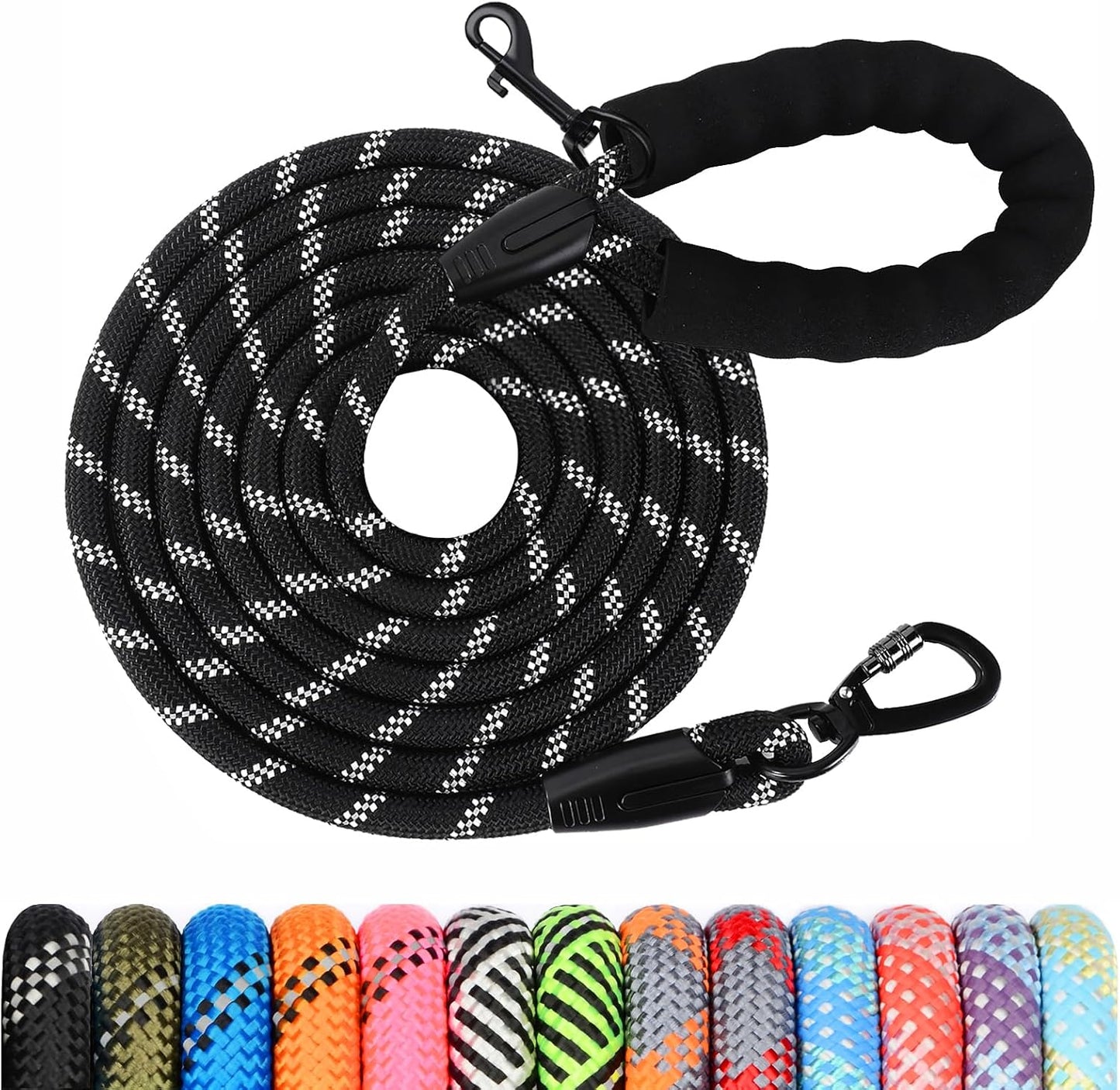 Wodondog long dog training leash front view showing the reflective nylon rope.
