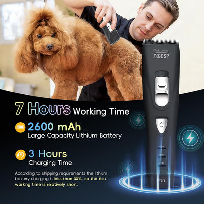 FOGOSP low noise professional pet trimmer showing adjustable blade settings on handle