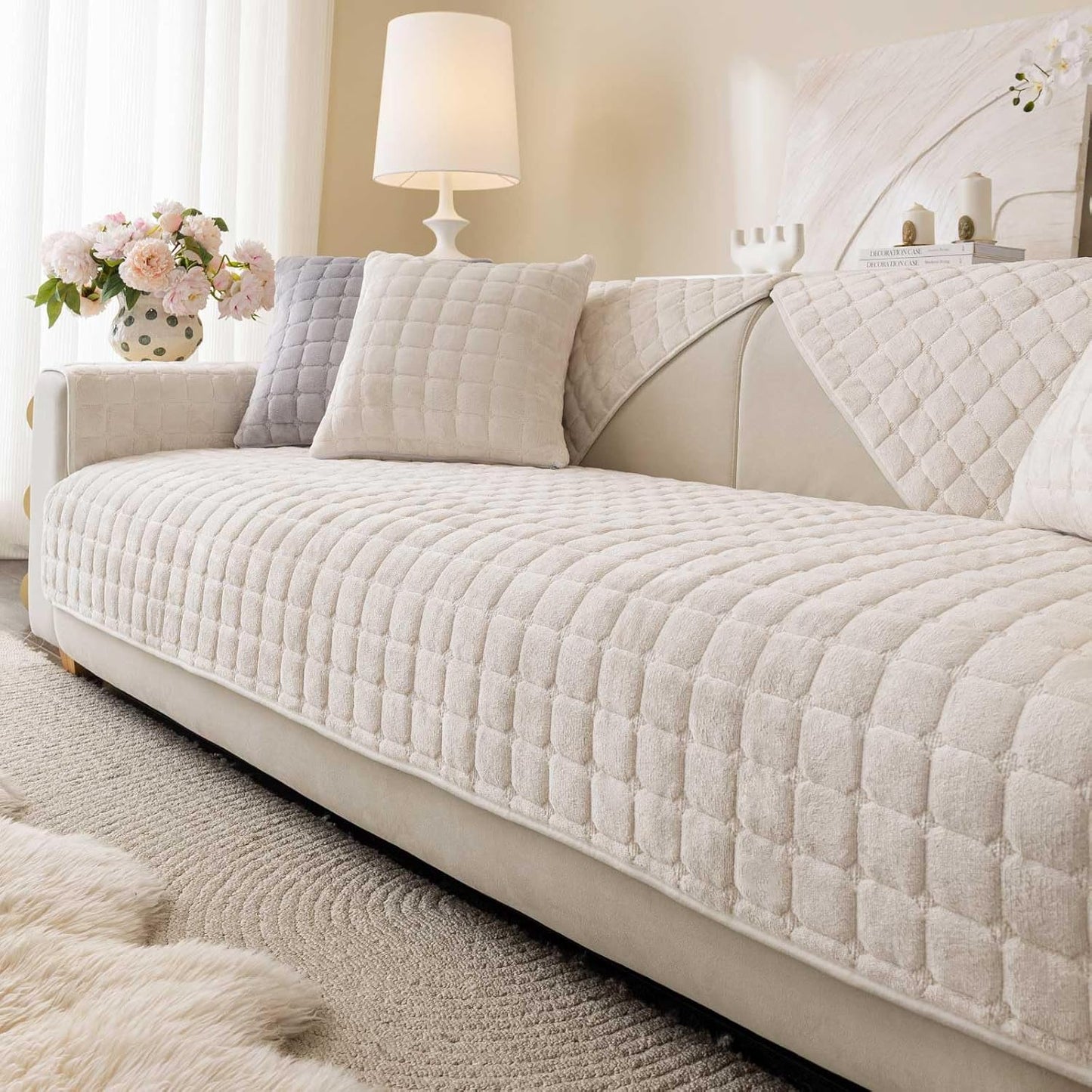 Aucrovee velvet washable couch cover front view on white three cushion sofa.