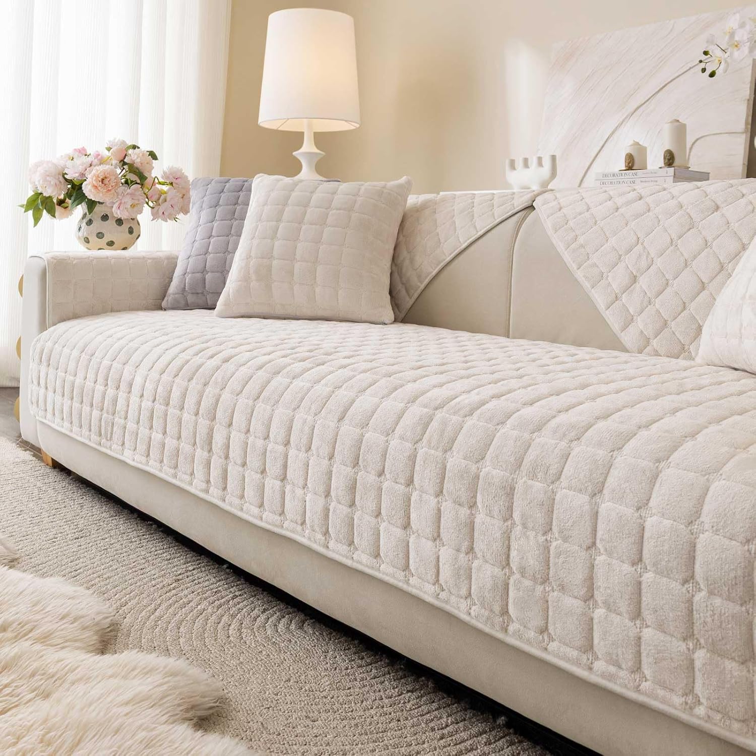 Aucrovee velvet washable couch cover front view on white three cushion sofa.