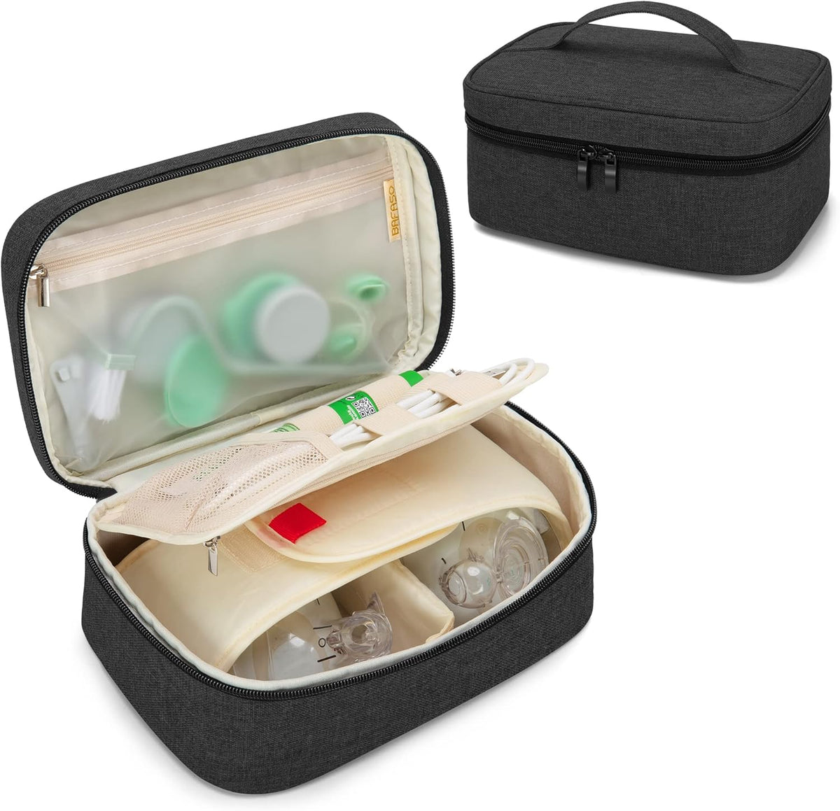 BAFASO wearable breast pump bag front view showcasing the heavy duty black nylon exterior and sturdy top carrying handle.