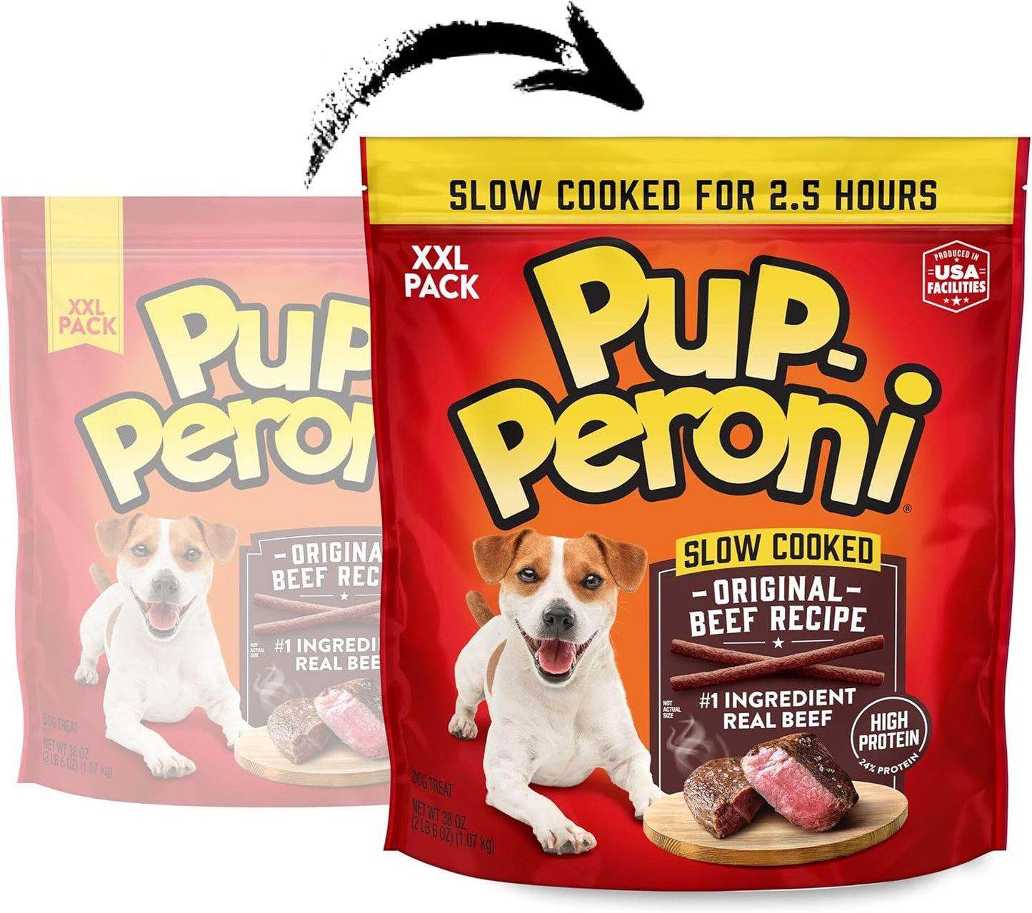 Pup-Peroni soft and chewy dog treats package showing real beef primary ingredient text