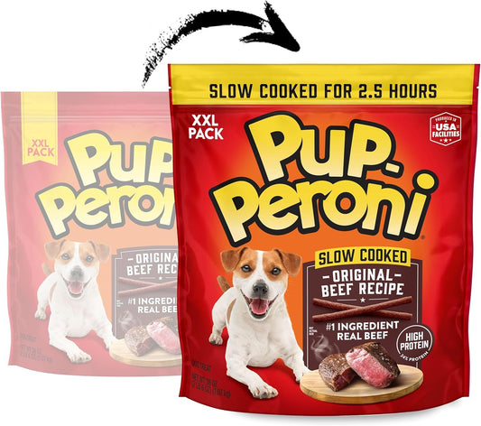 Pup-Peroni soft and chewy dog treats package showing real beef primary ingredient text