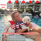 Dogcheer American flag dog life vest back view displaying the red shark fin and rescue handle.