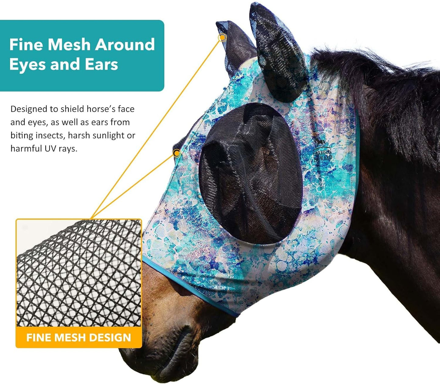 Close up of breathable ear mesh on horse fly mask