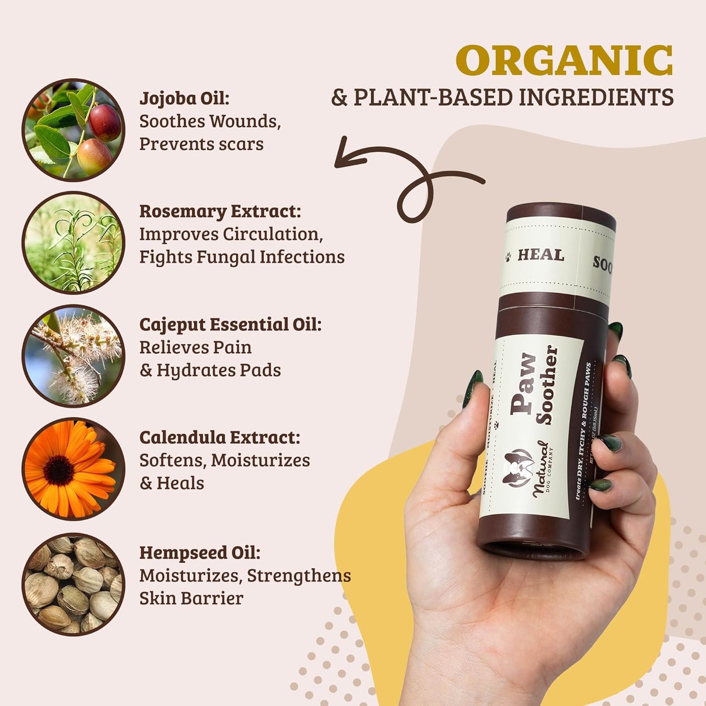 Natural ingredients dog paw treatment with coconut oil and calendula