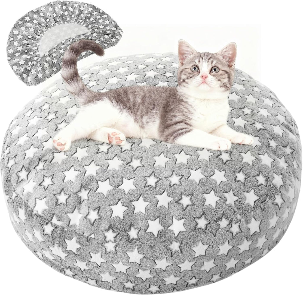 Youyole waterproof round pet bed cover front view showcasing the soft gray fabric and star print