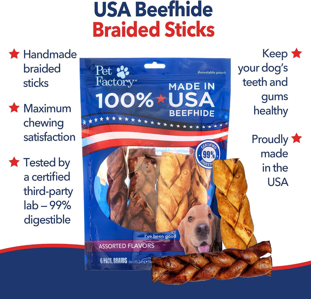 Premium American beefhide dog treats close up highlighting the braided design for dental defense