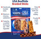 Premium American beefhide dog treats close up highlighting the braided design for dental defense