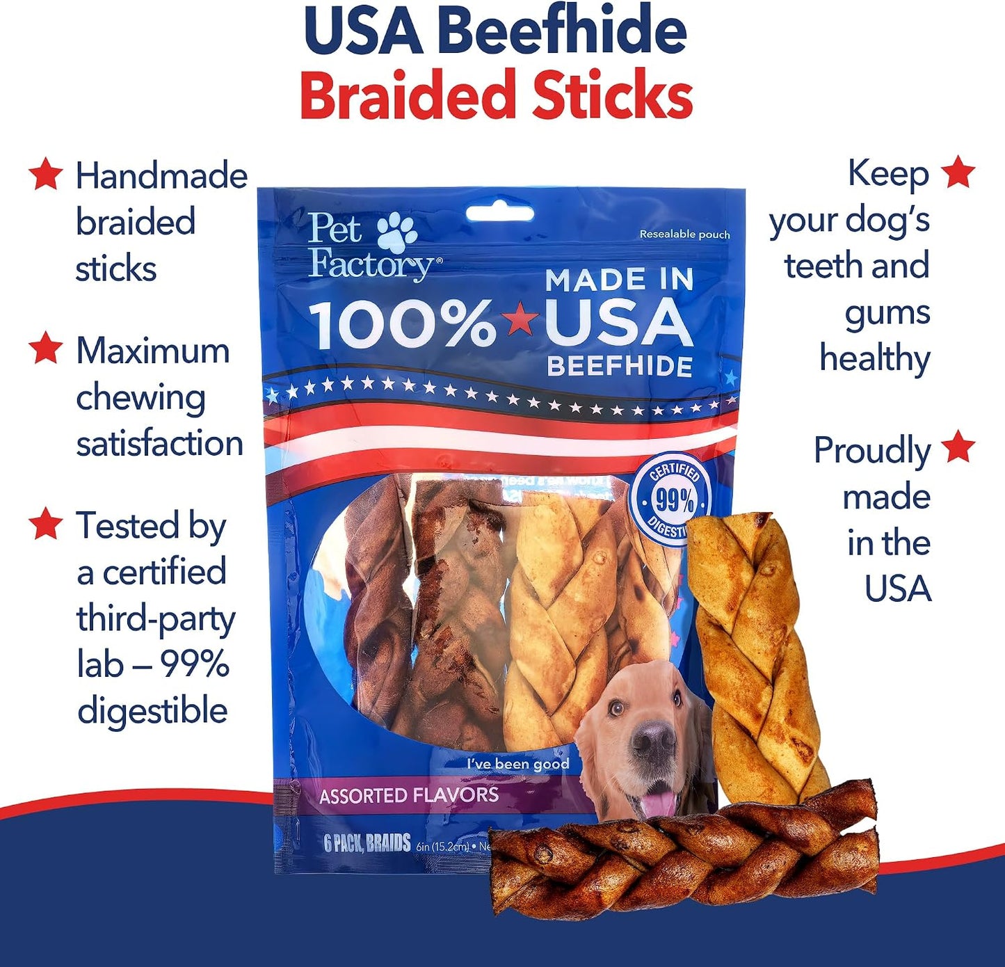 Premium American beefhide dog treats close up highlighting the braided design for dental defense