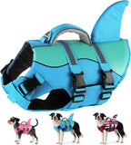 Dog wearing Dogcheer small size shark life jacket in water
