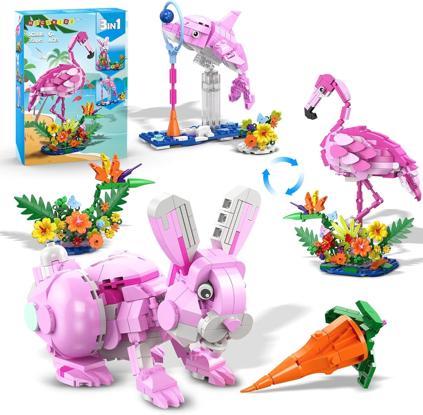 HOGOKIDS 3 in 1 pink bunny building set front view showing the assembled flamingo and floral base
