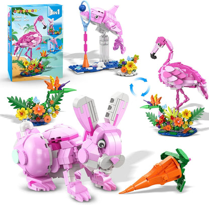 HOGOKIDS 3 in 1 pink bunny building set front view showing the assembled flamingo and floral base