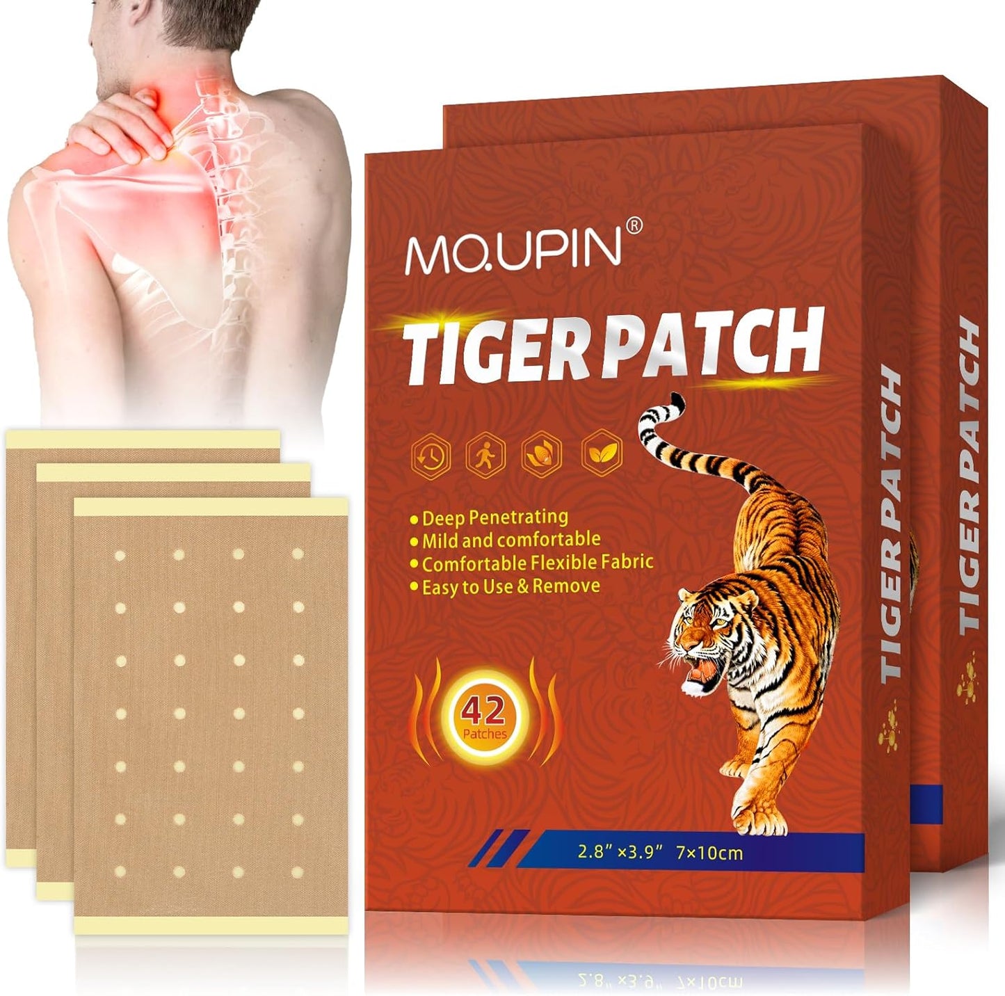 MQUPIN Tiger Patch front view of eighty-four count retail packaging displaying herbal joint relief benefits.