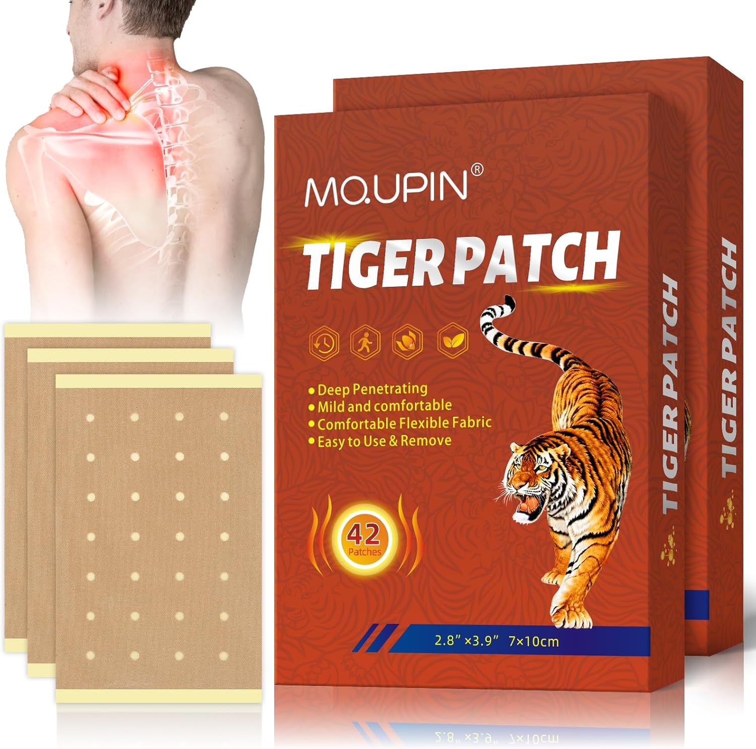 MQUPIN Tiger Patch front view of eighty-four count retail packaging displaying herbal joint relief benefits.