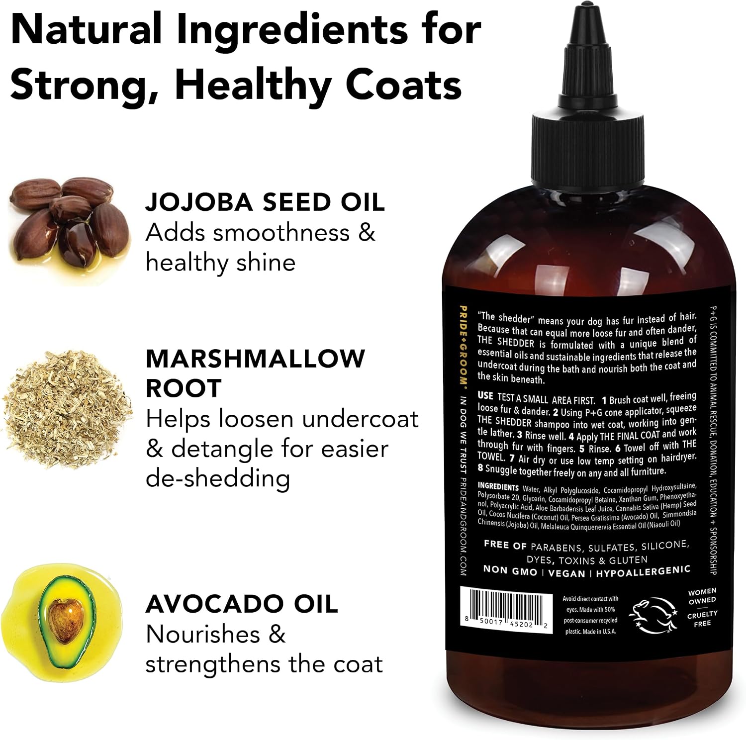 Pride And Groom The Shedder natural ingredients body wash for sensitive skin pets.