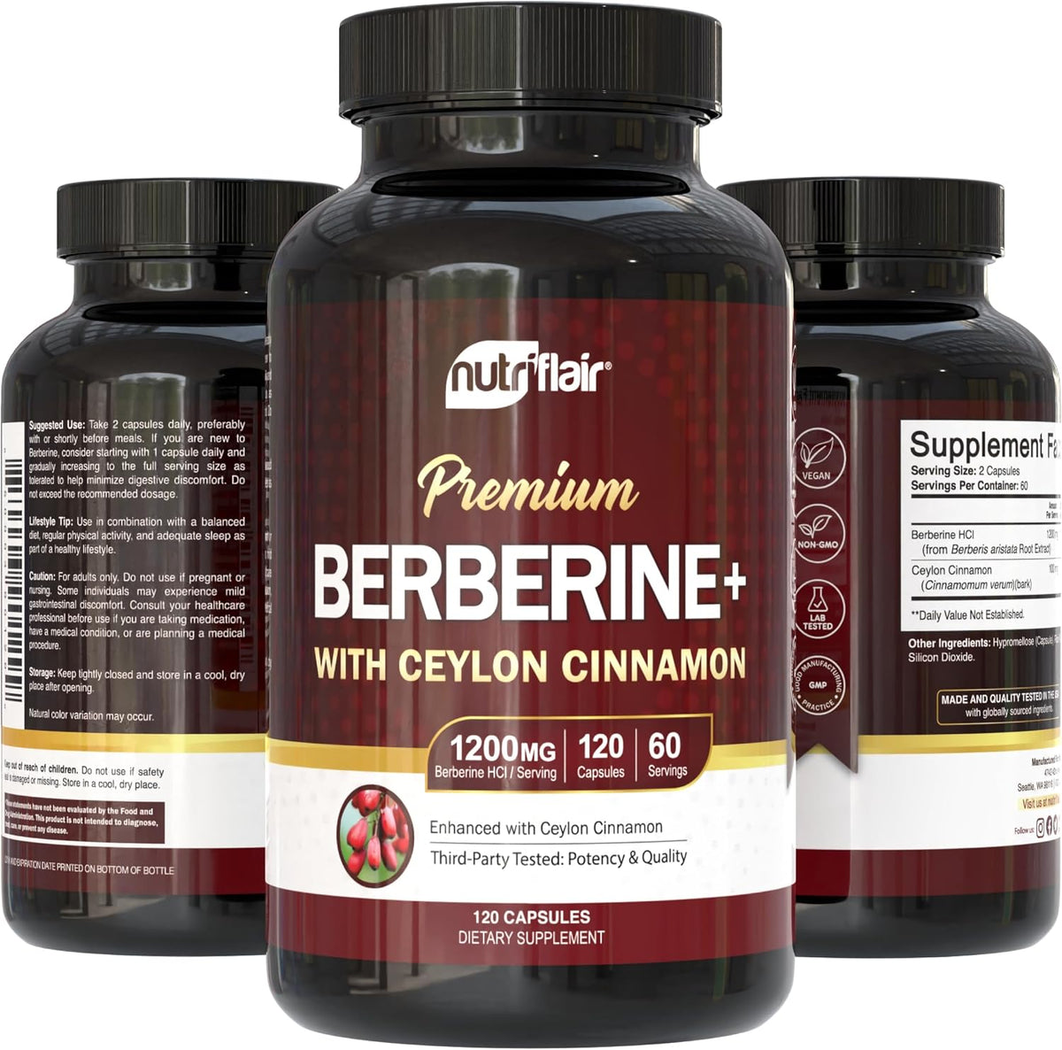 NutriFlair Berberine HCl 1200mg with Ceylon Cinnamon, 120 Capsules - Image 5