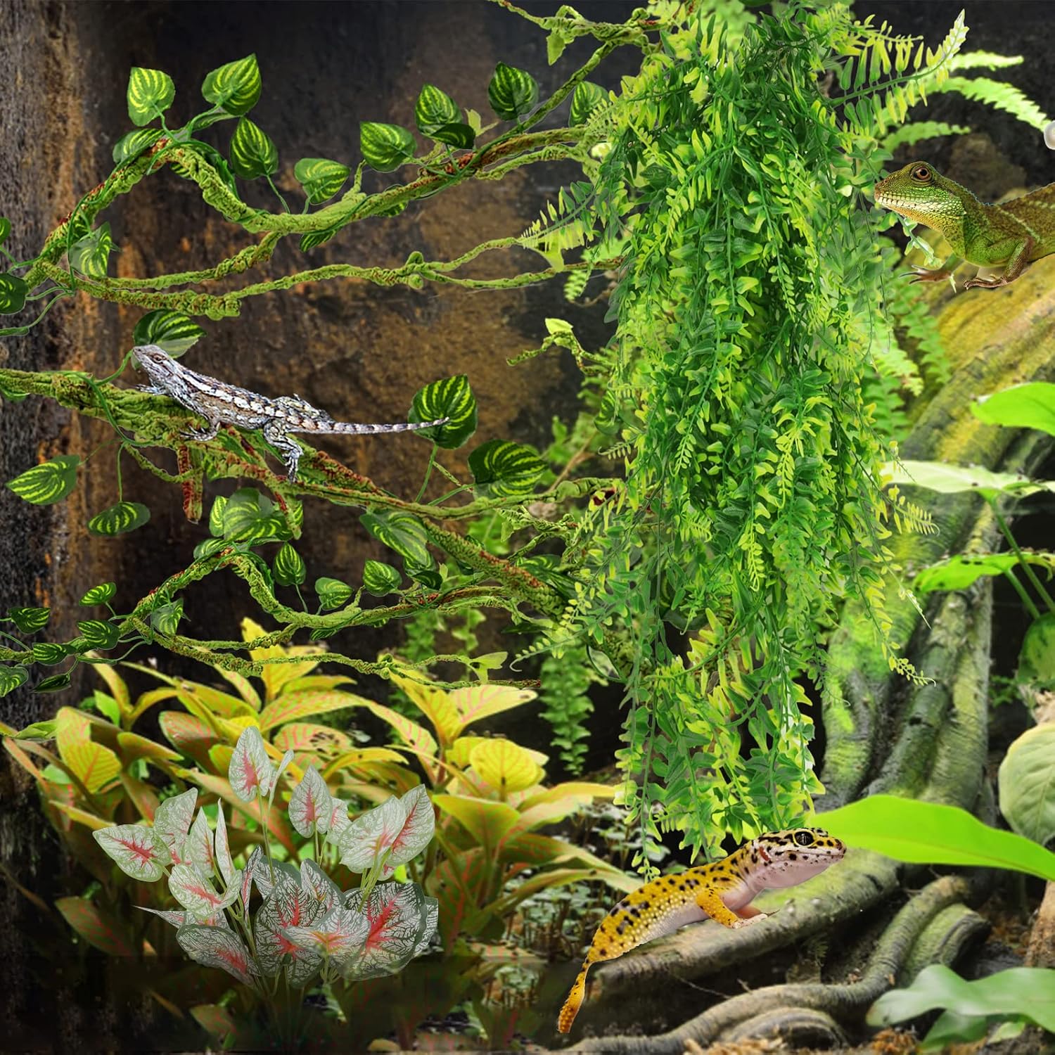Bearded dragon resting on PietyPet artificial climbing vine