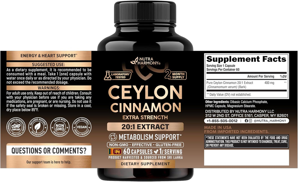 NutraHarmony Ceylon Cinnamon Capsules supplement facts label