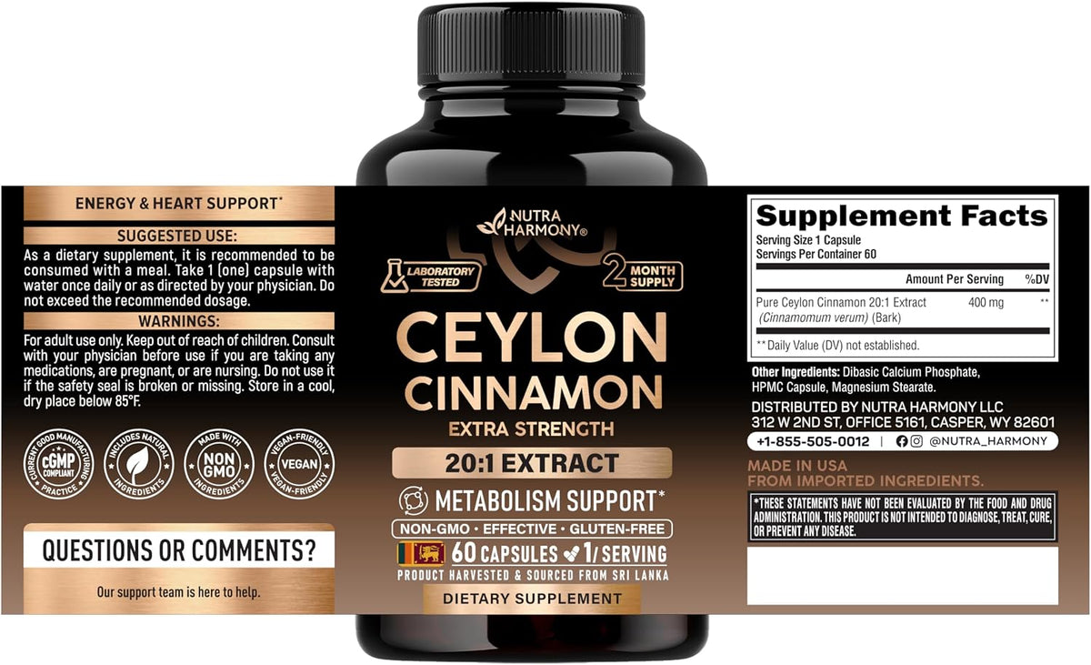 NutraHarmony Ceylon Cinnamon Capsules supplement facts label