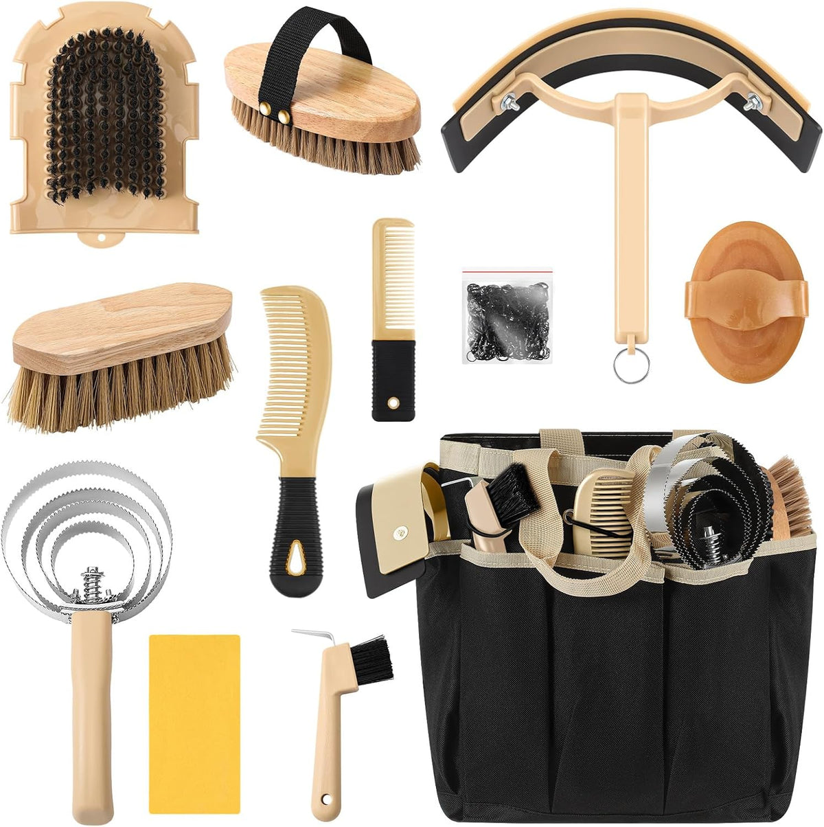 Abbylike 12 Piece Horse Grooming Kit with Organizer Tote Bag Brush Sets for Derby Day Show Horses Professional Tools for Care & Massage(Khaki and Green) - Image 13