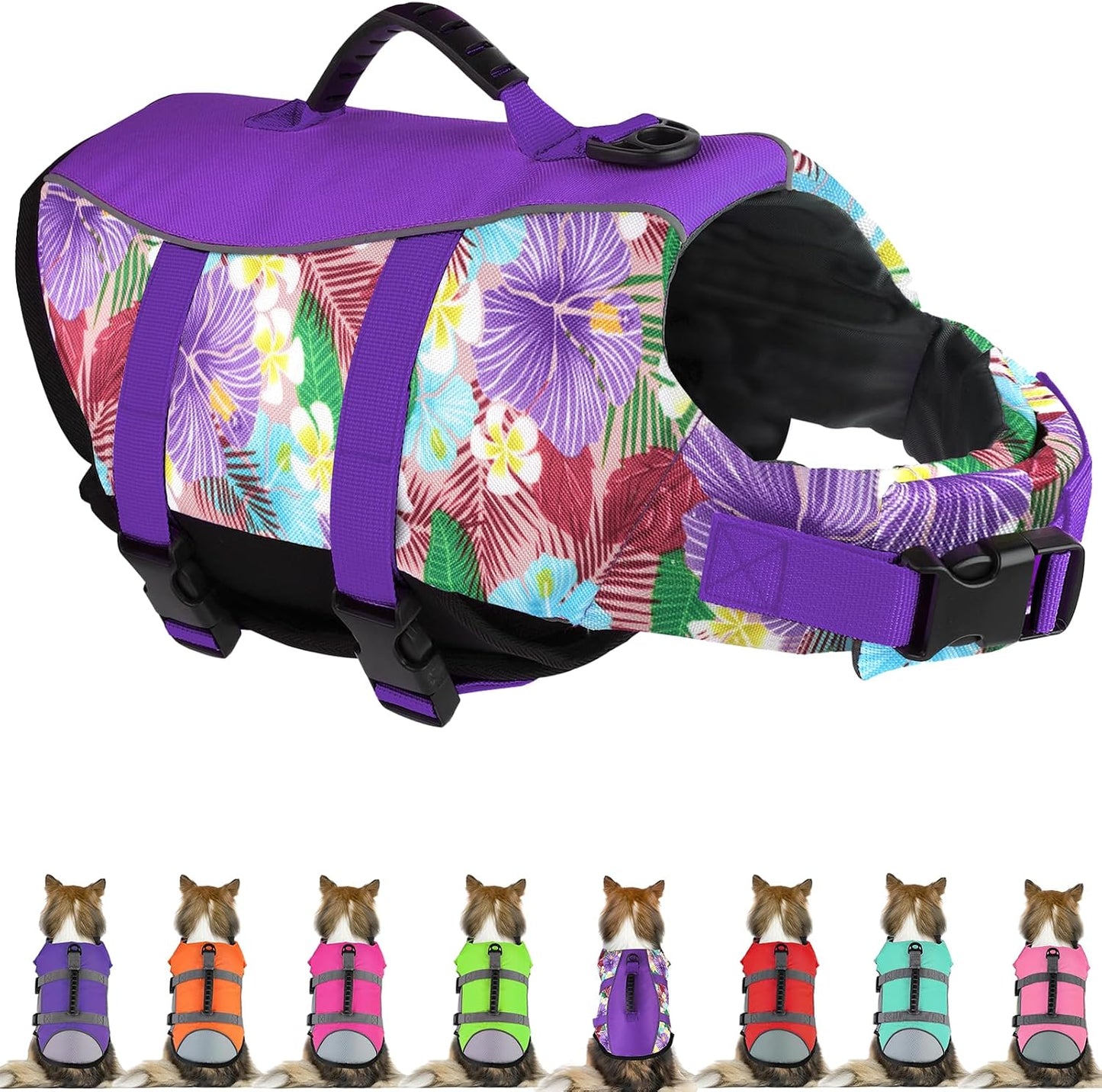 Mklhgty Dog Life Jacket, Reflective & Adjustable, Hawaiian Style, for Small Medium Large Dogs, Polyester & Cotton, Floral Pink, L - Image 10