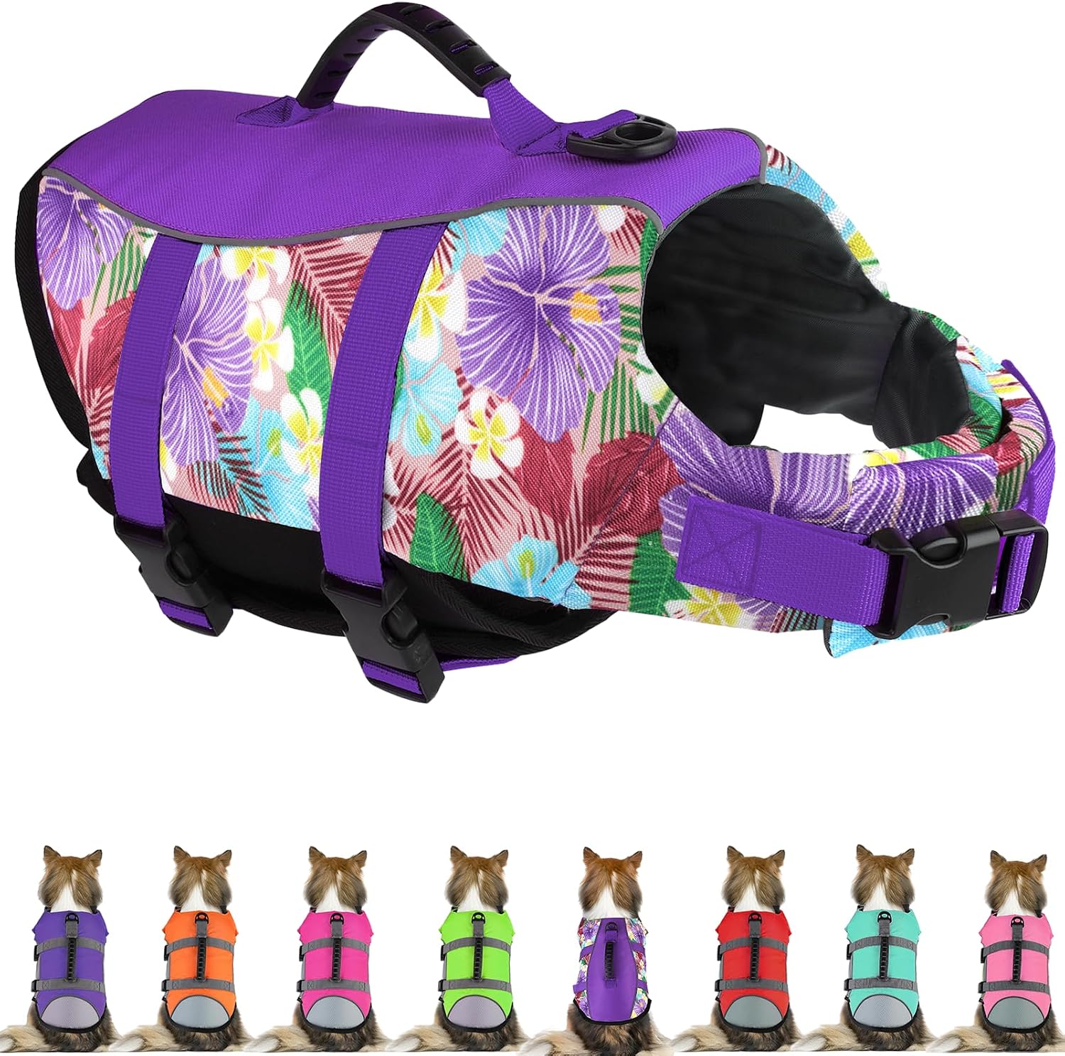 Mklhgty Dog Life Jacket, Reflective & Adjustable, Hawaiian Style, for Small Medium Large Dogs, Polyester & Cotton, Floral Pink, L - Image 10