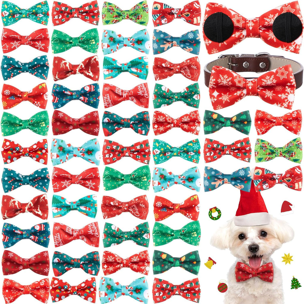Hillban 50 Pieces Dog Collar Bow Ties front view showing assorted colourful patterns.