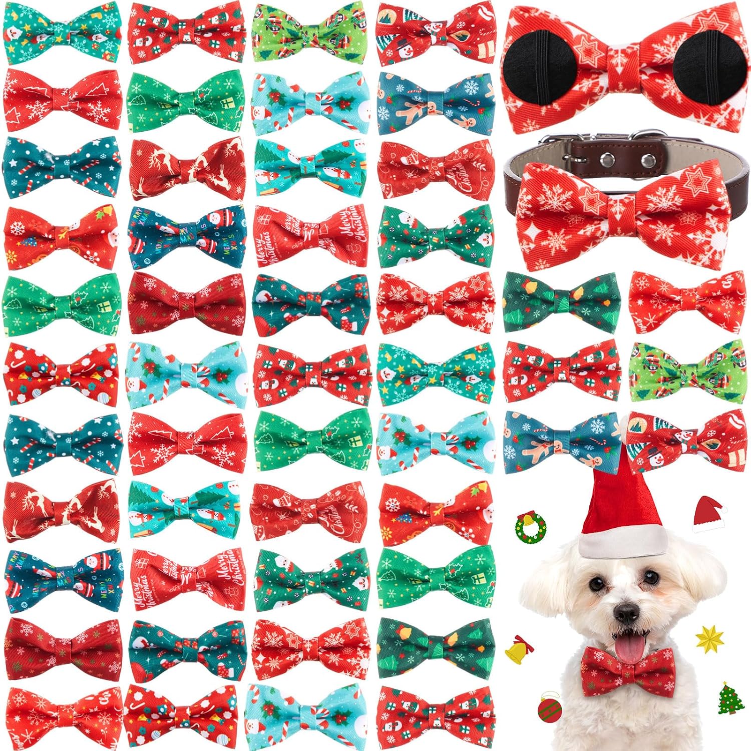Hillban 50 Pieces Dog Collar Bow Ties front view showing assorted colourful patterns.