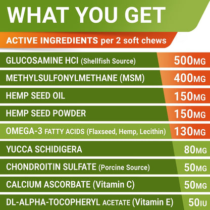 Soft chicken flavored hemp treats for pet hip pain relief displayed next to the product jar.