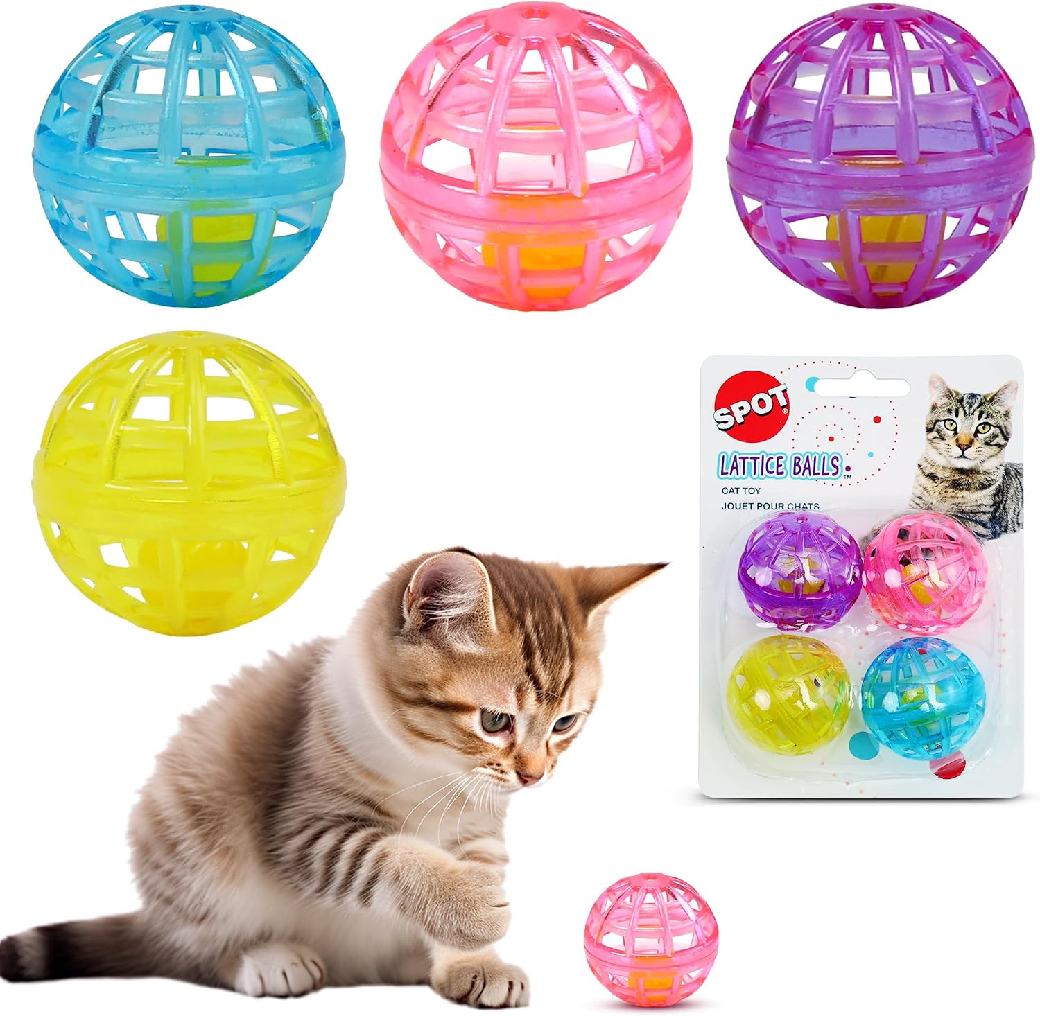 Spot Lattice Balls Cat Toys front view of four-pack interactive pet toys