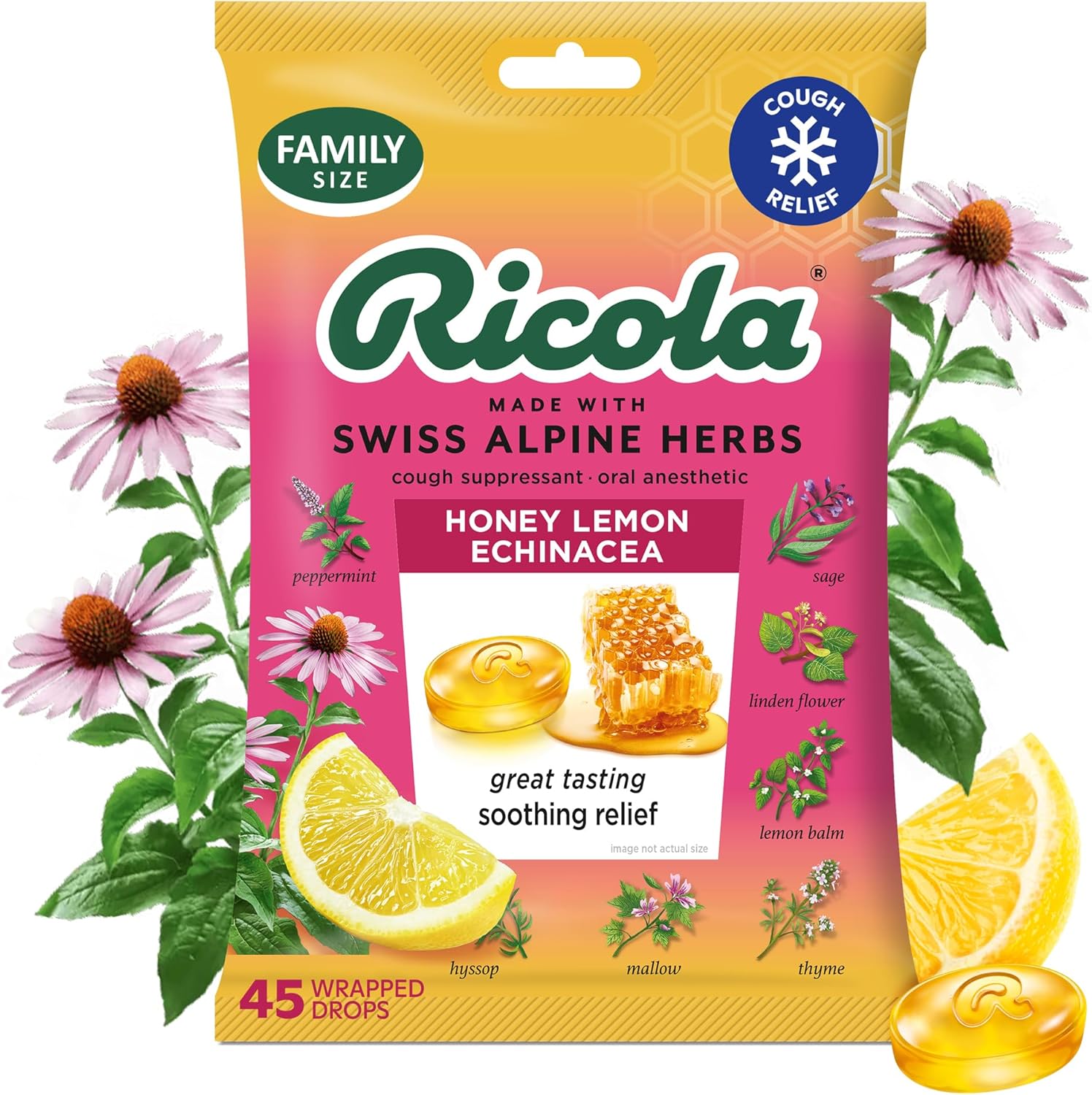 Ricola Honey Lemon Echinacea Cough Drops 45 Count front view packaging.