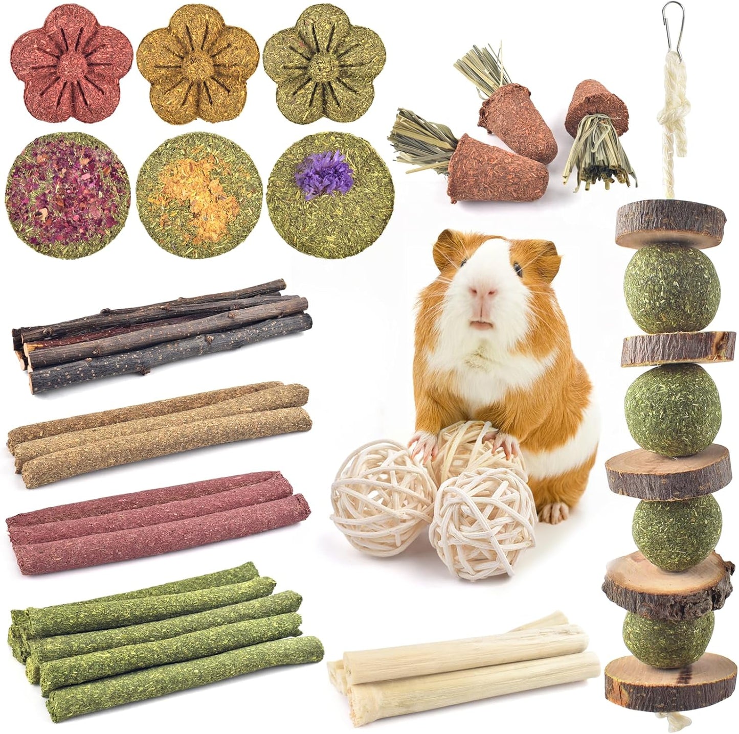 ERKOON 42 piece rabbit chew toys variety pack featuring natural apple wood sticks and grass cakes front view