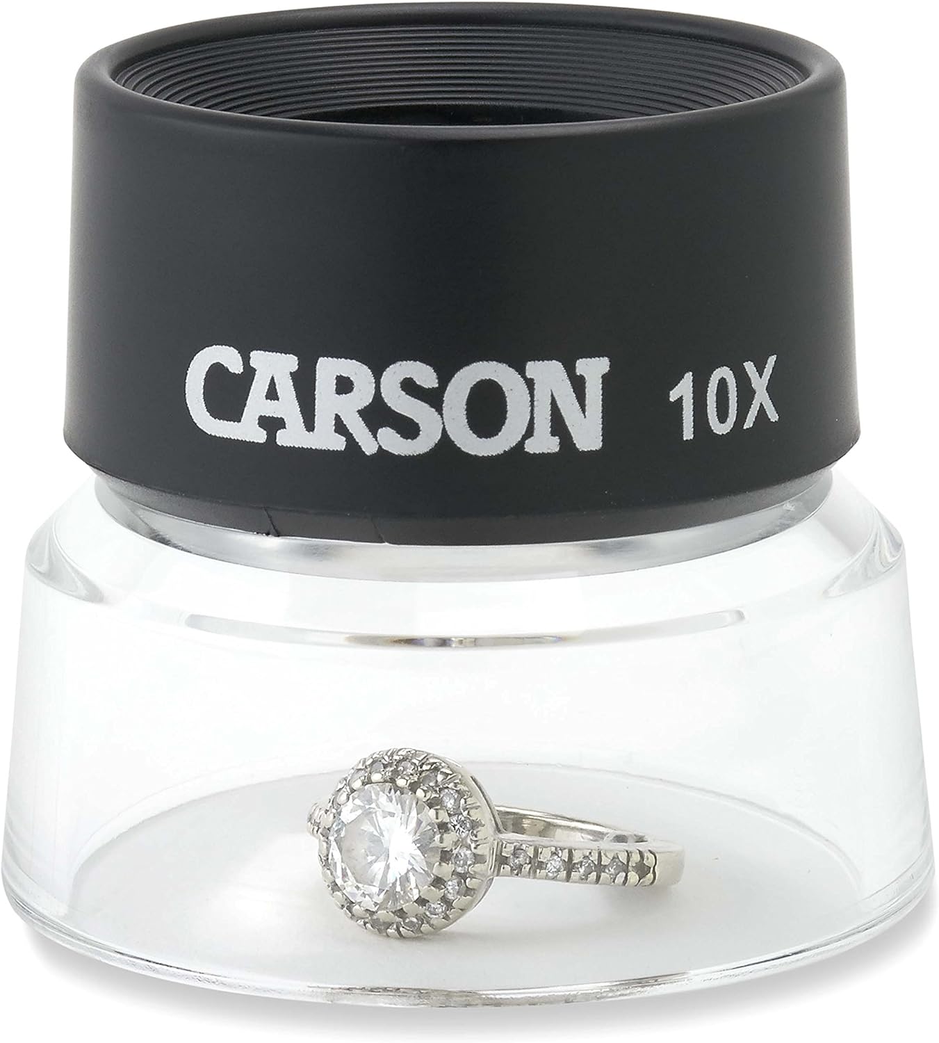 Carson LL-10 power magnifier placed over a coin to demonstrate ambient light transmission