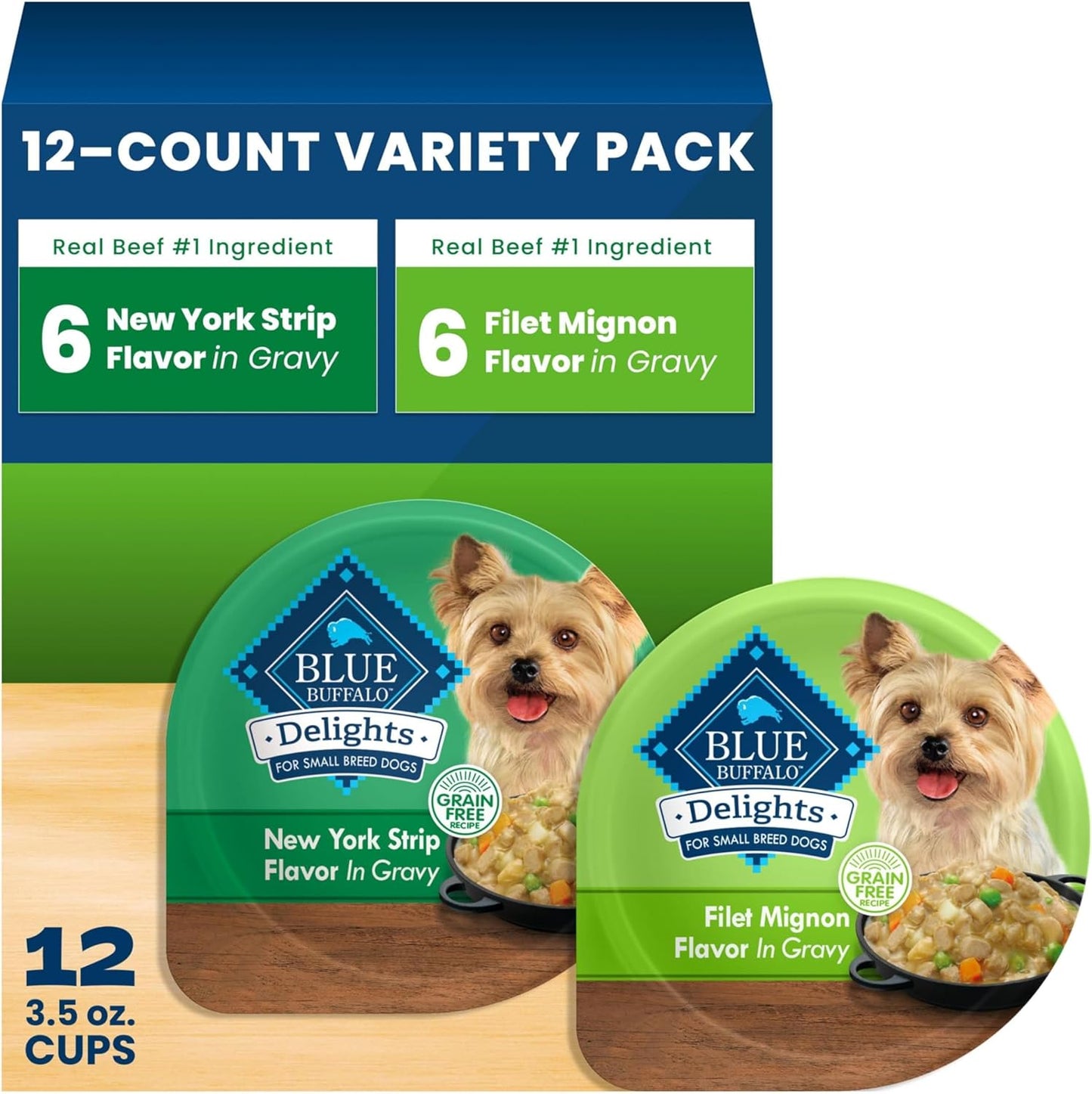 Blue Buffalo Delights Variety Pack Natural Grain Free Wet Dog Food for Small Breed Dogs (Top Sirloin Flavor Pat and Grilled Chicken Flavor Pat) with Natural Ingredients, 3.5-oz. Each (12 Cups) - Image 14