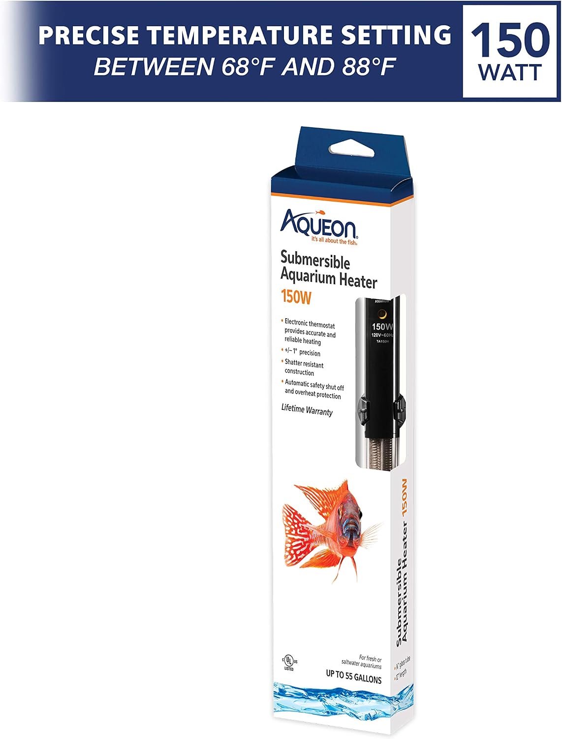 Aqueon submersible aquarium heater front view in packaging